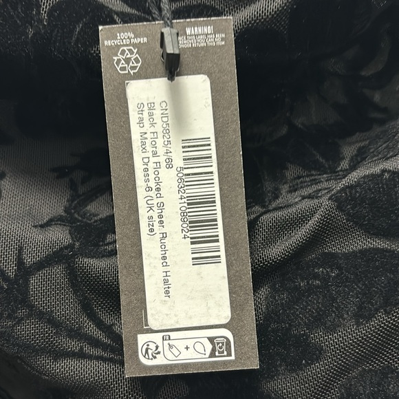 PrettyLittleThing Black Floral Flocked Sheer Ruched Halter Strap Maxi Dress - Picture 3 of 6